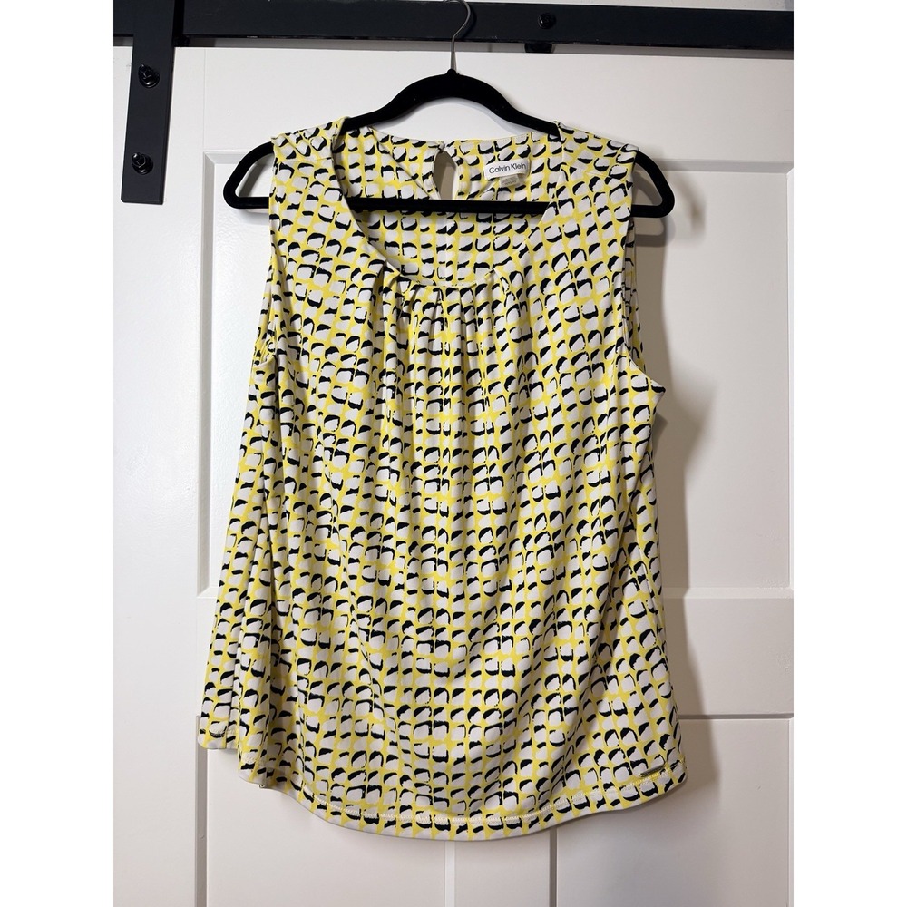 Calvin Klein Womens 1X Yellow Black Geometric Sleeveless Blouse Career Top